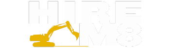 Hire-M8 Website Logo image in White and Yellow with No Background colour fill